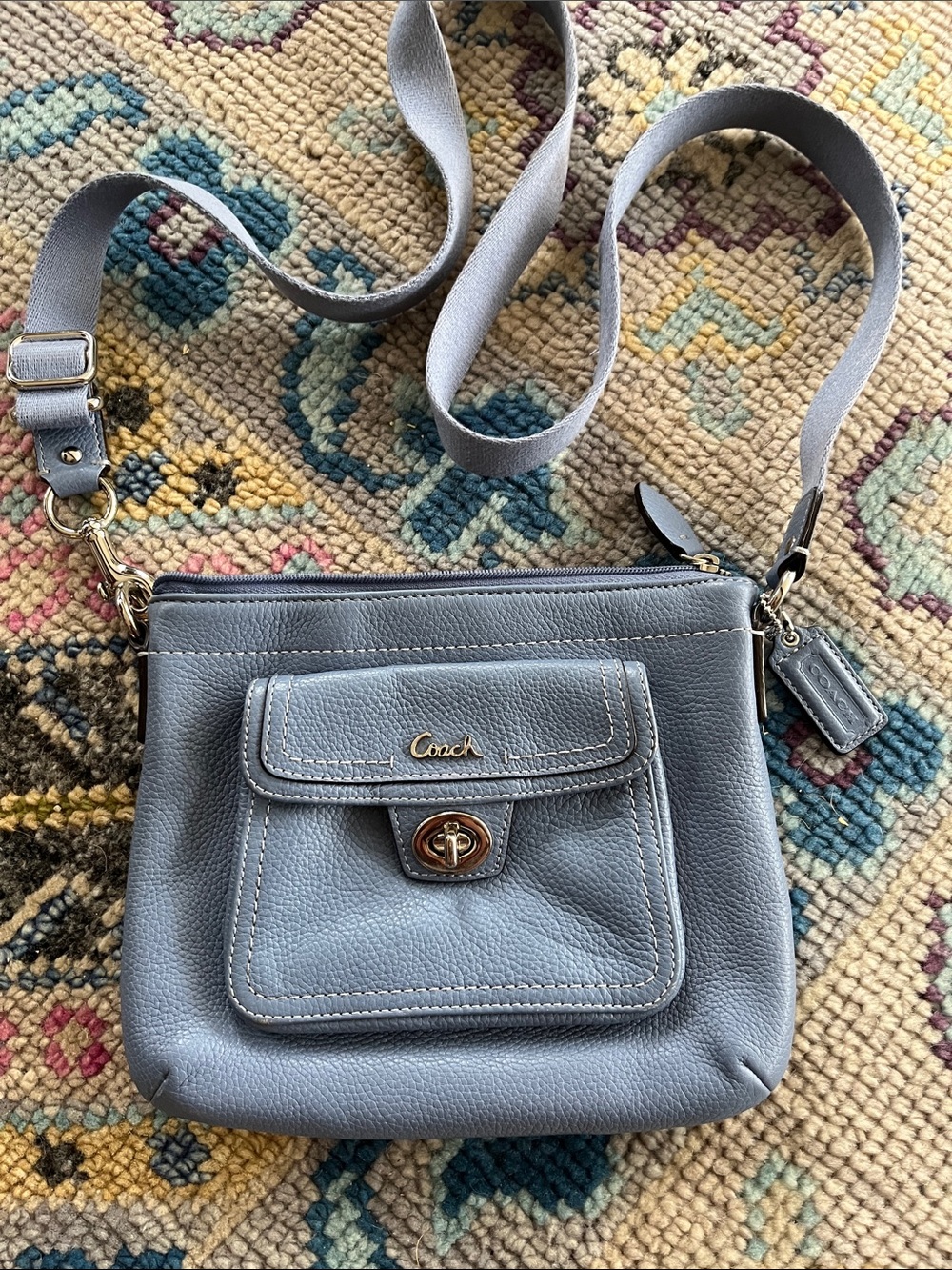 Coach pebbled leather swing pack cross body bag cornflower blue.